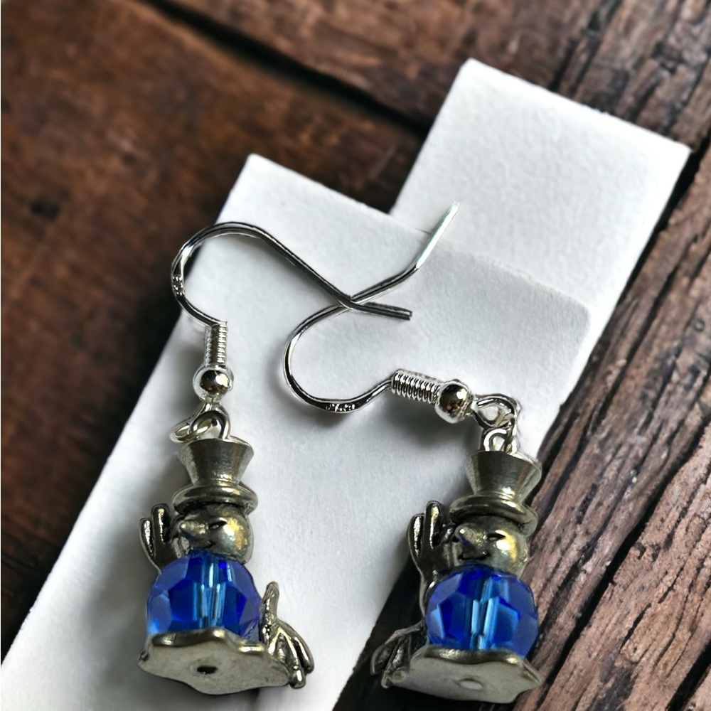 Handmade Earrings Snowman Swarovski Blue Crystal Dangle Pierced Gift - Picture 5 of 10